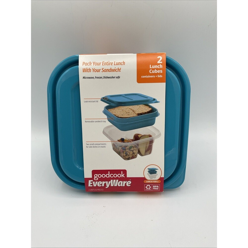 Goodcook Everyware Plastic Storage Container 2 Lunch Cubes with Light Blue Top.